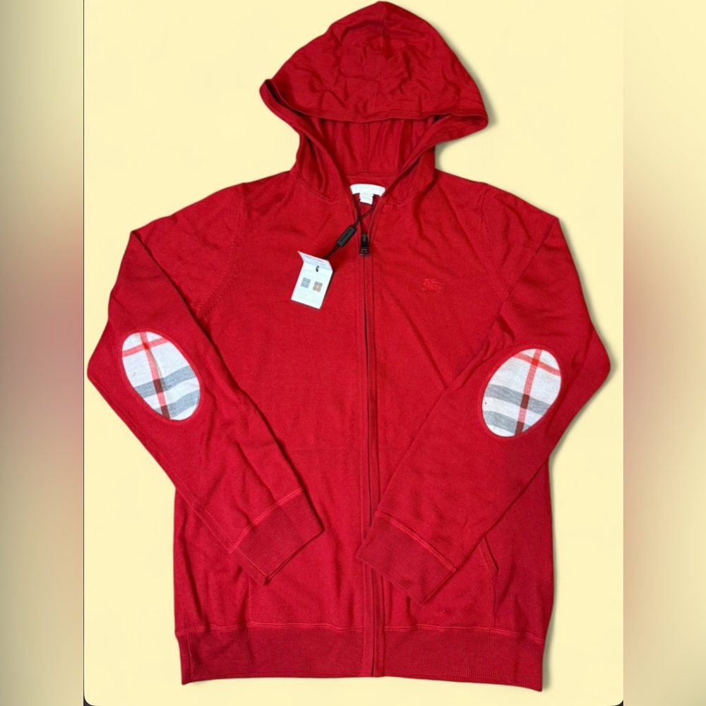 Burberry Military Red Zip-Up Hoodie with Plaid Elbow Patches Size: Boys 14Y